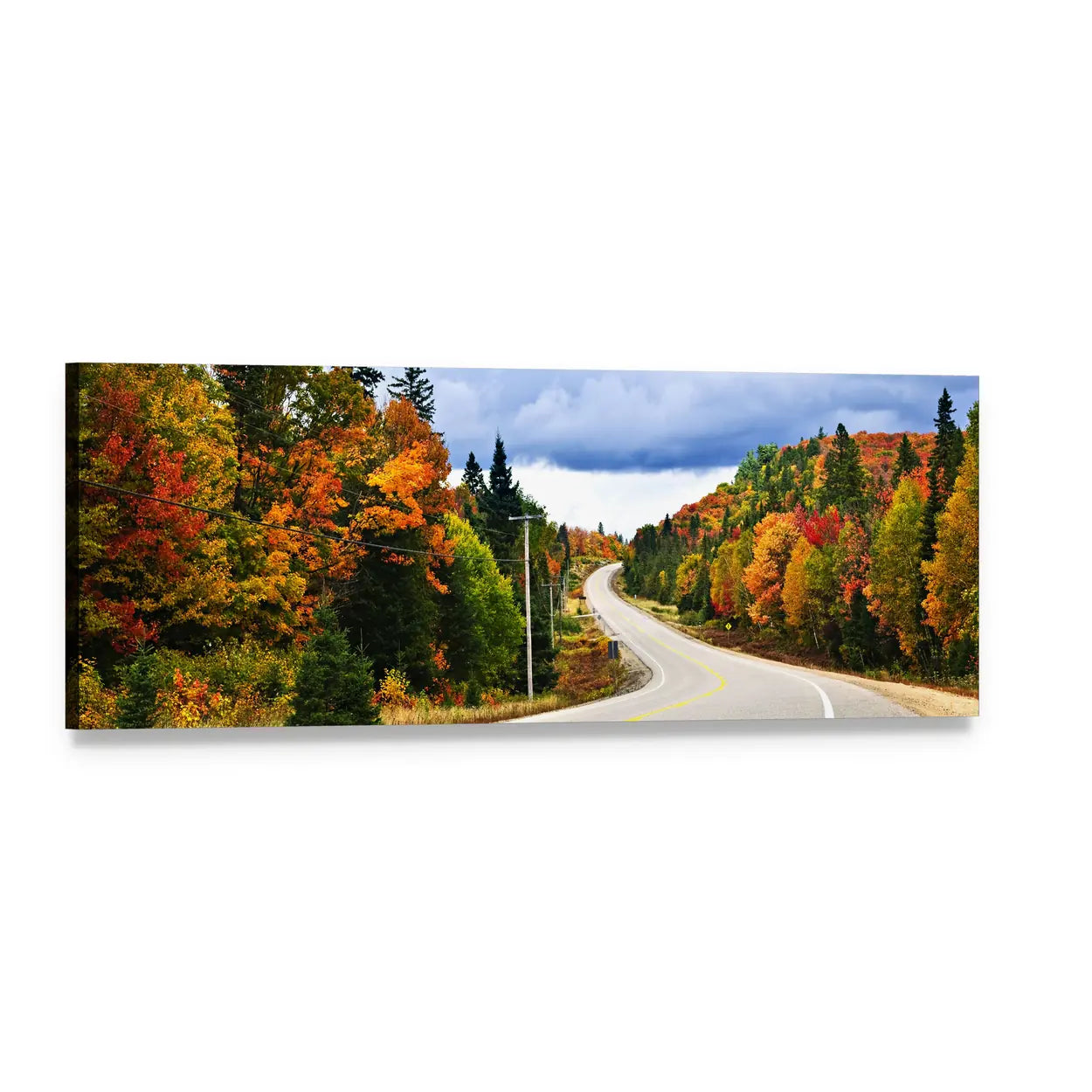 Autumn Highway Through Forest Panoramic Canvas Wall Art, single panel gallery wrapped canvas, angled product view