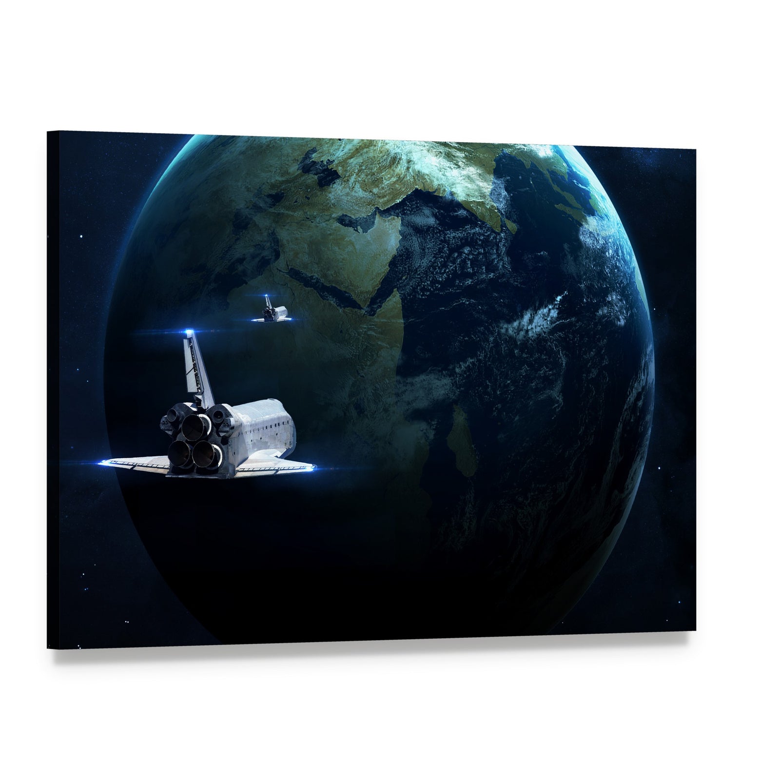 Spaceship Approaching Earth Canvas Wall Art, single panel gallery wrapped canvas, angled product view