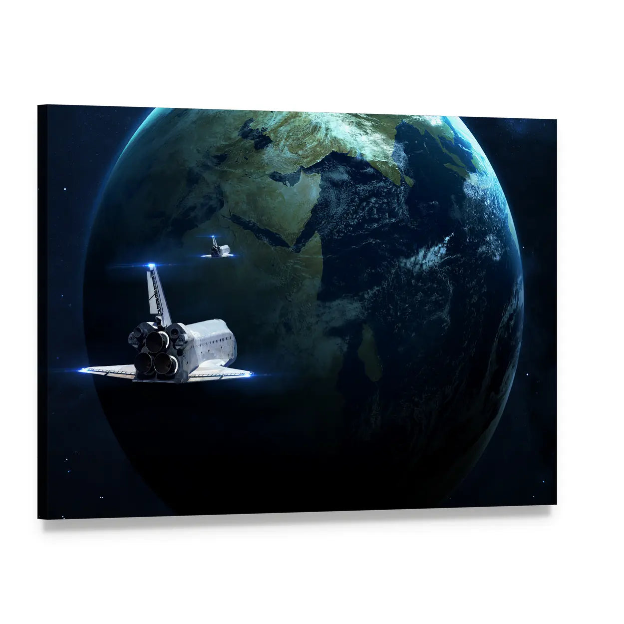 Spaceship Approaching Earth Canvas Wall Art, single panel gallery wrapped canvas, angled product view