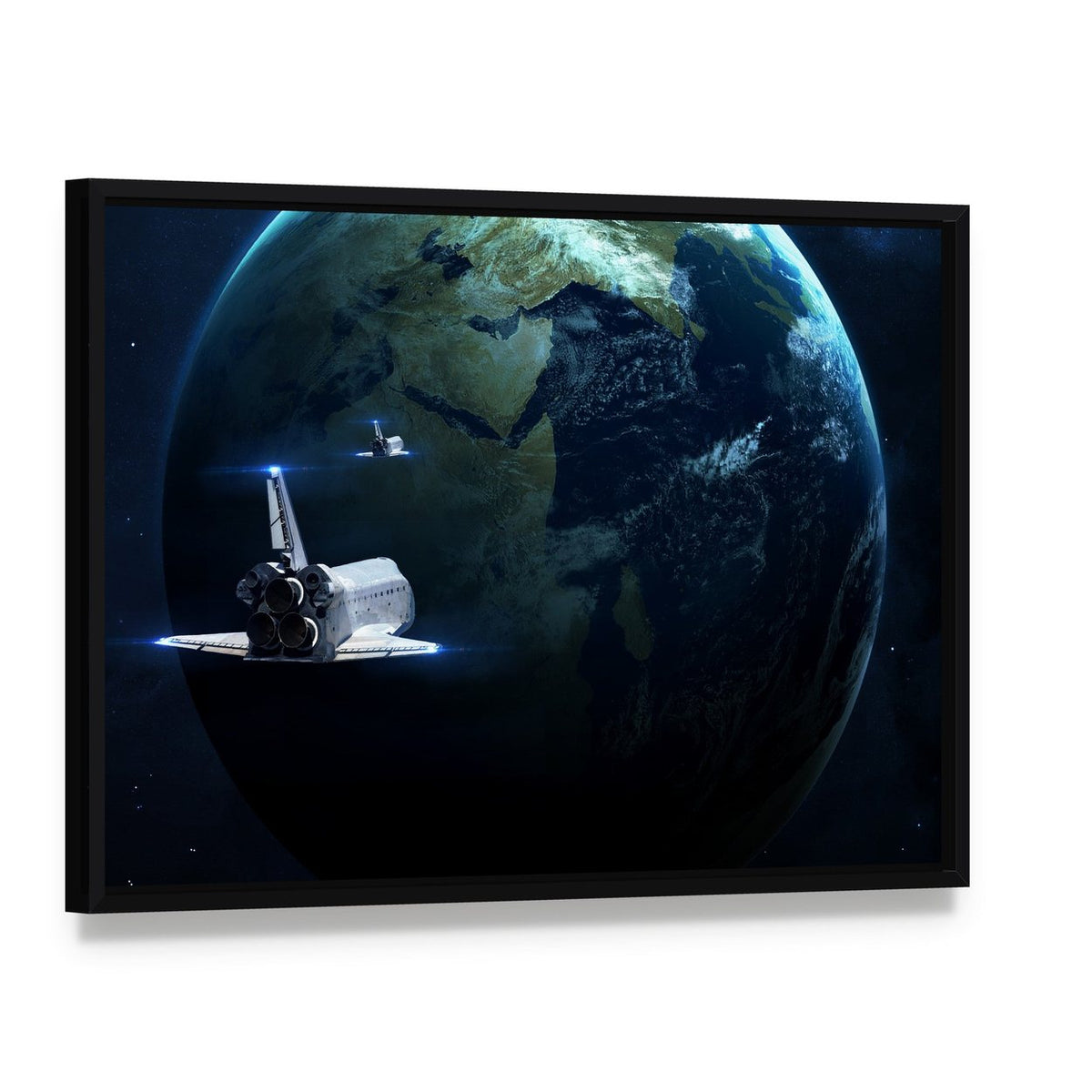 Spaceship Approaching Earth Canvas Wall Art, framed canvas in a black floater frame, angled product view
