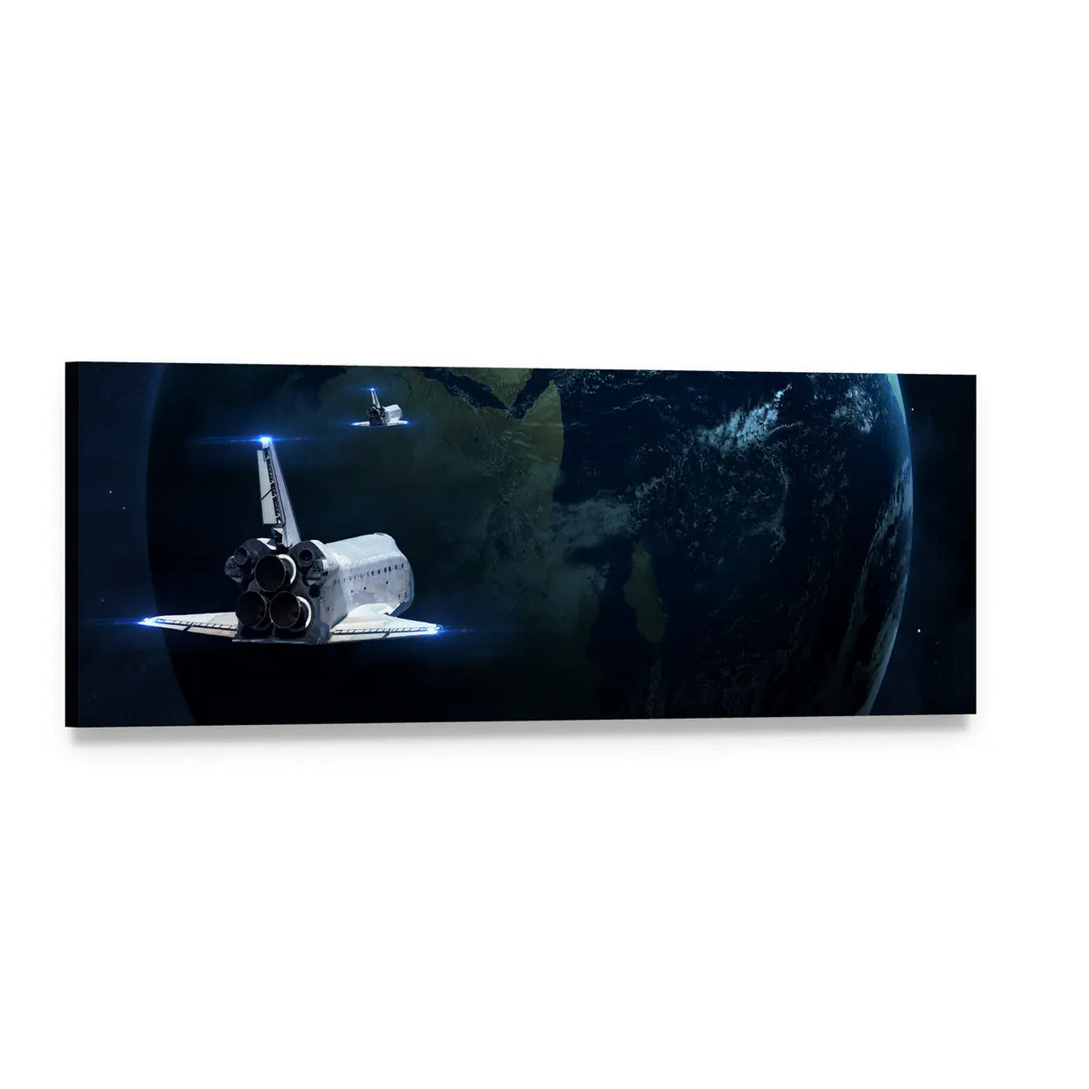 Spaceship Approaching Earth Panoramic Canvas Wall Art, single panel gallery wrapped canvas, angled product view