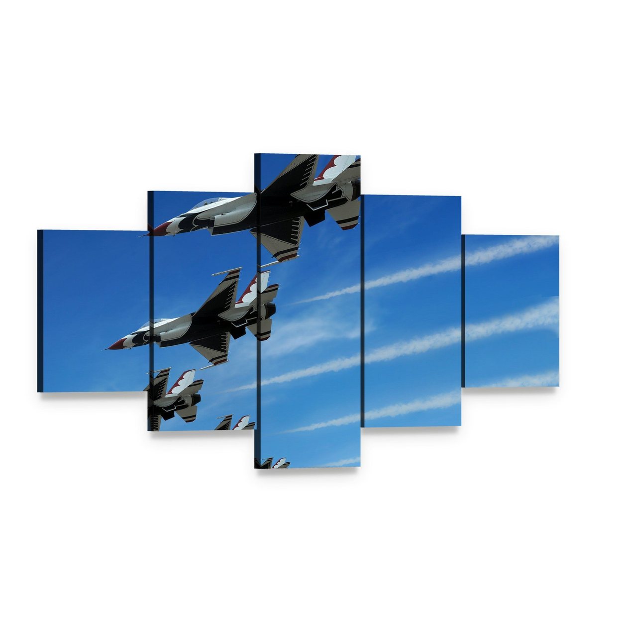 Five Fighter Jets in Formation Canvas Wall Art, 5 panel 5 Star layout gallery wrapped canvas set, angled product view