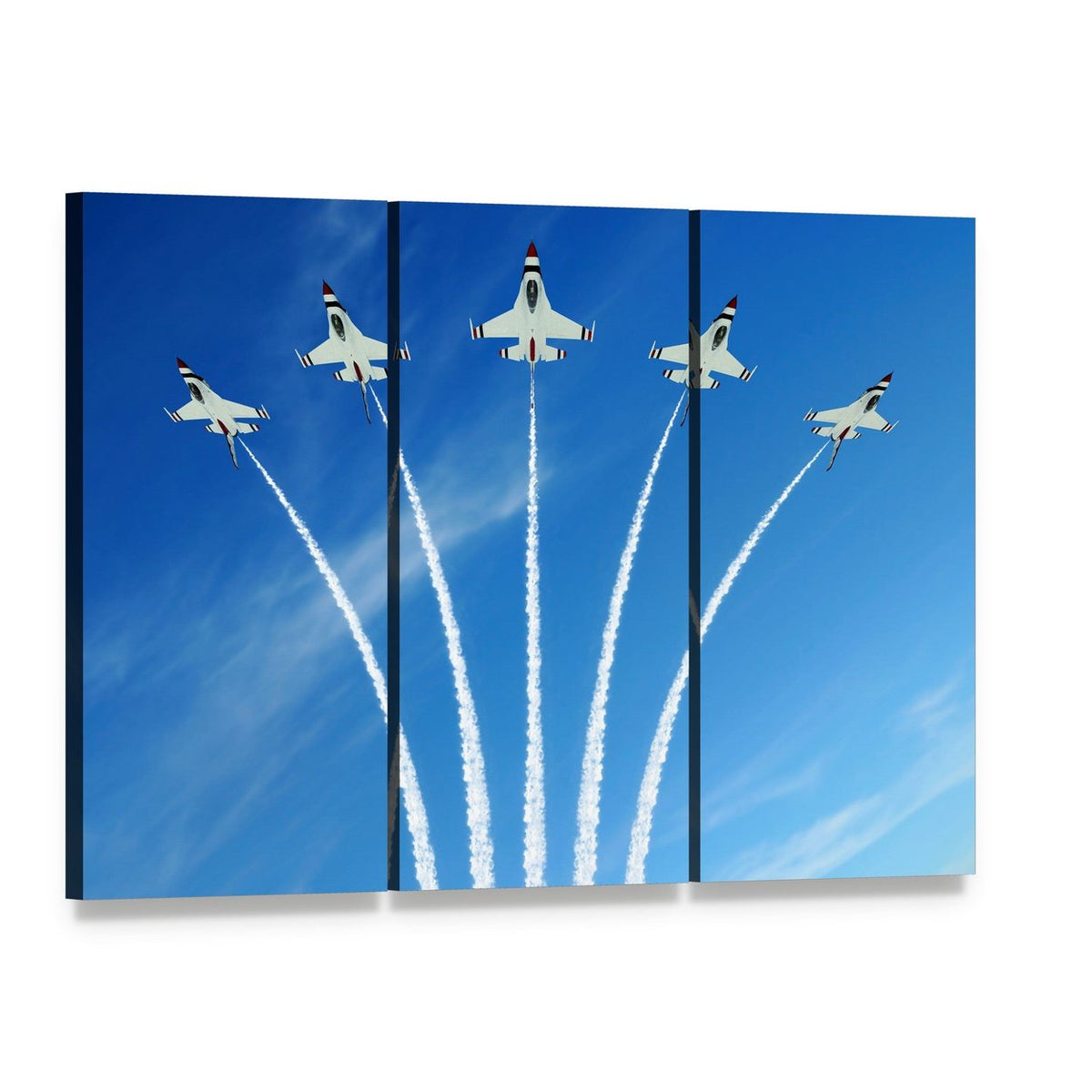 Five Fighter Jets in Formation Canvas Wall Art, 3 panel 3 Horizontal layout gallery wrapped canvas set, angled product view