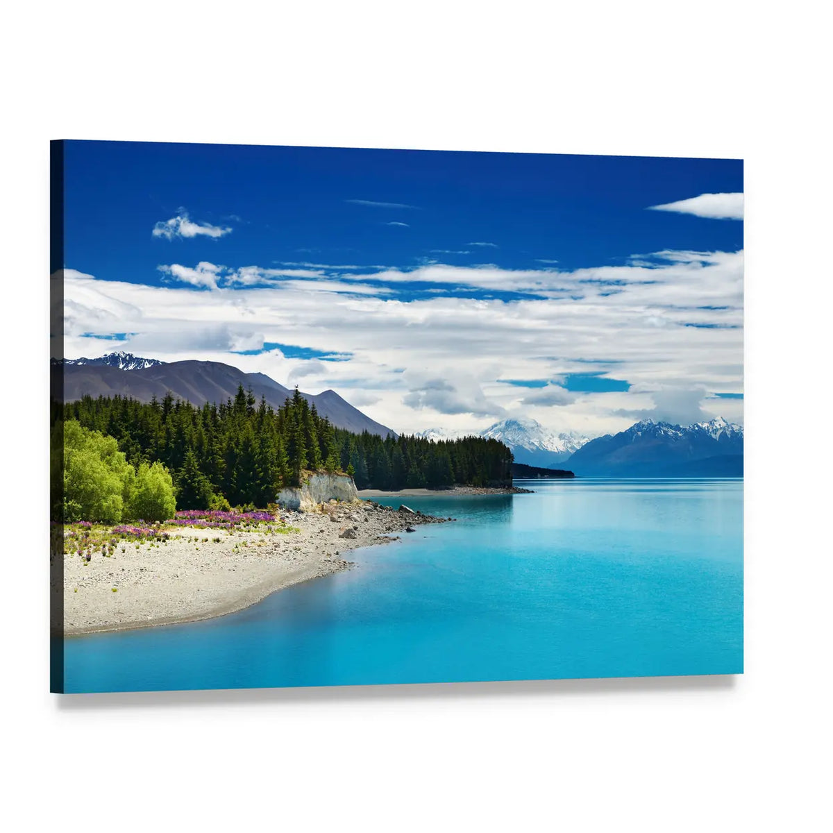Lake Pukaki with Purple Lupins Canvas Wall Art, single panel gallery wrapped canvas, angled product view