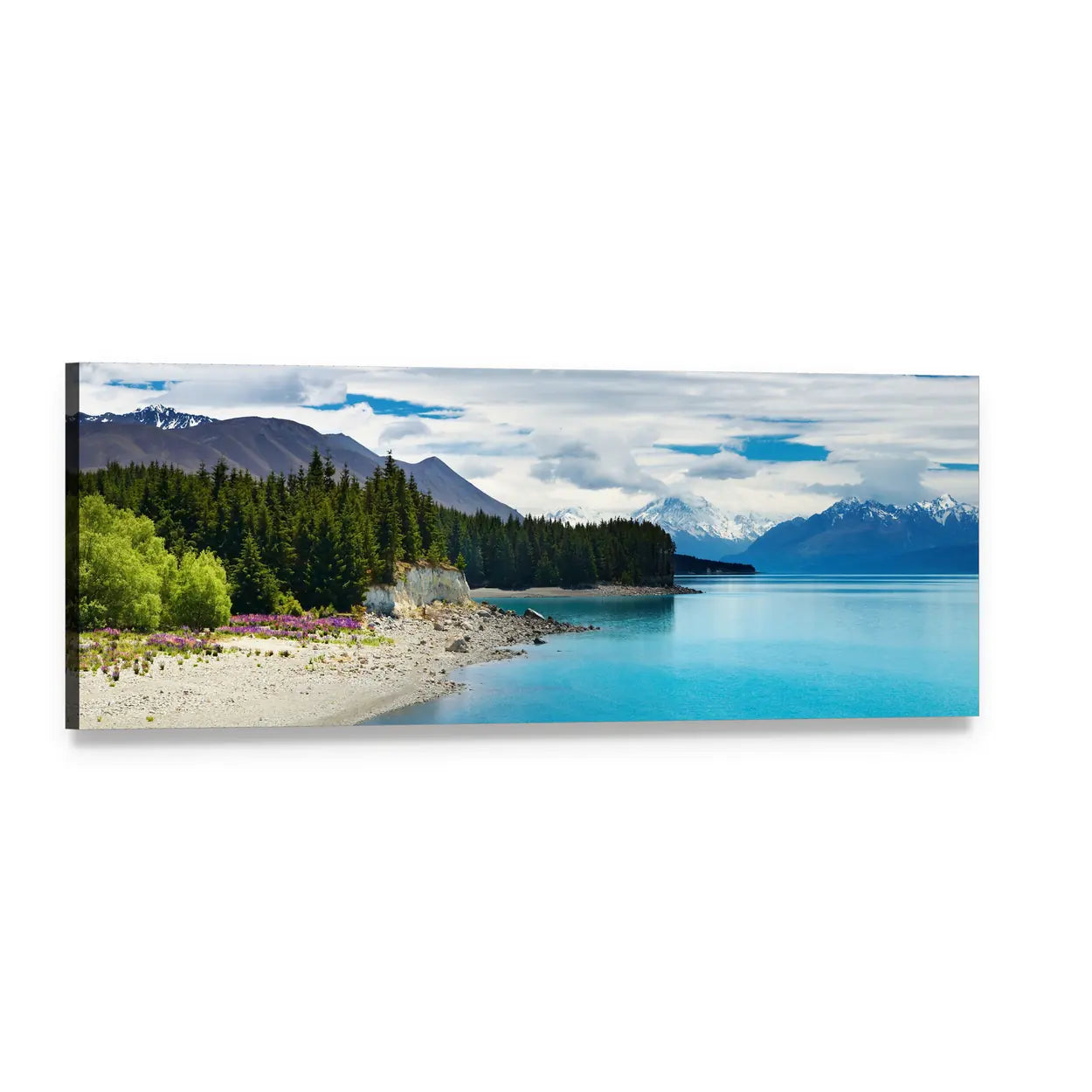 Pukaki Lake Turquoise Alpine Landscape Panoramic Canvas Wall Art, single panel gallery wrapped canvas, angled product view