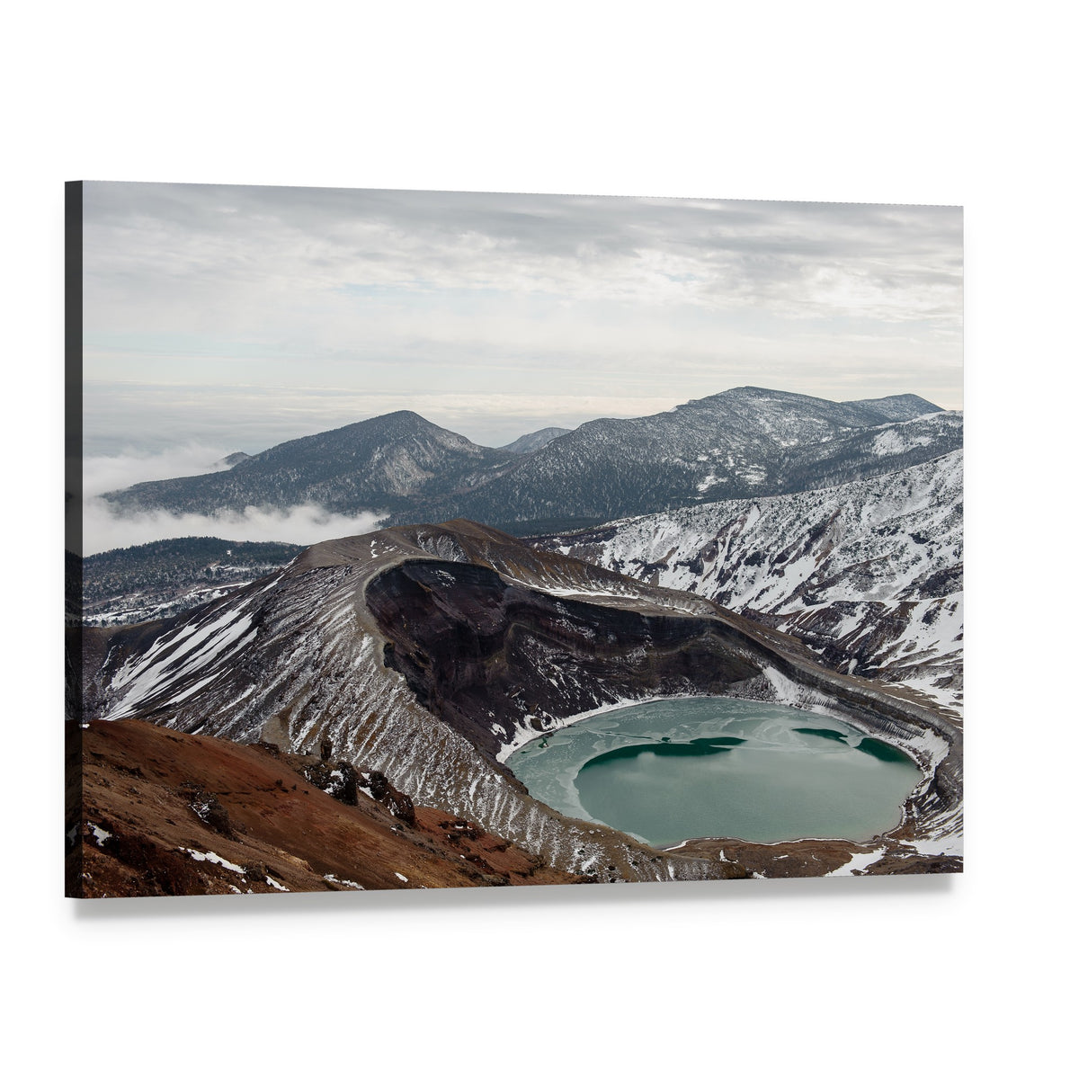 Volcanic Crater Lake and Snow-capped Mountains Canvas Wall Art, single panel gallery wrapped canvas, angled product view