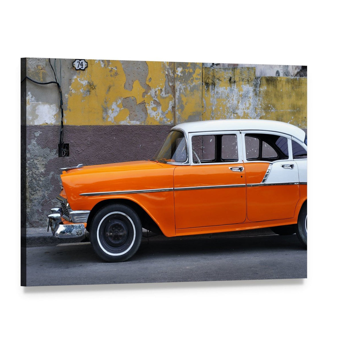 Vintage Orange Car on Havana Streets Canvas Wall Art, single panel gallery wrapped canvas, angled product view