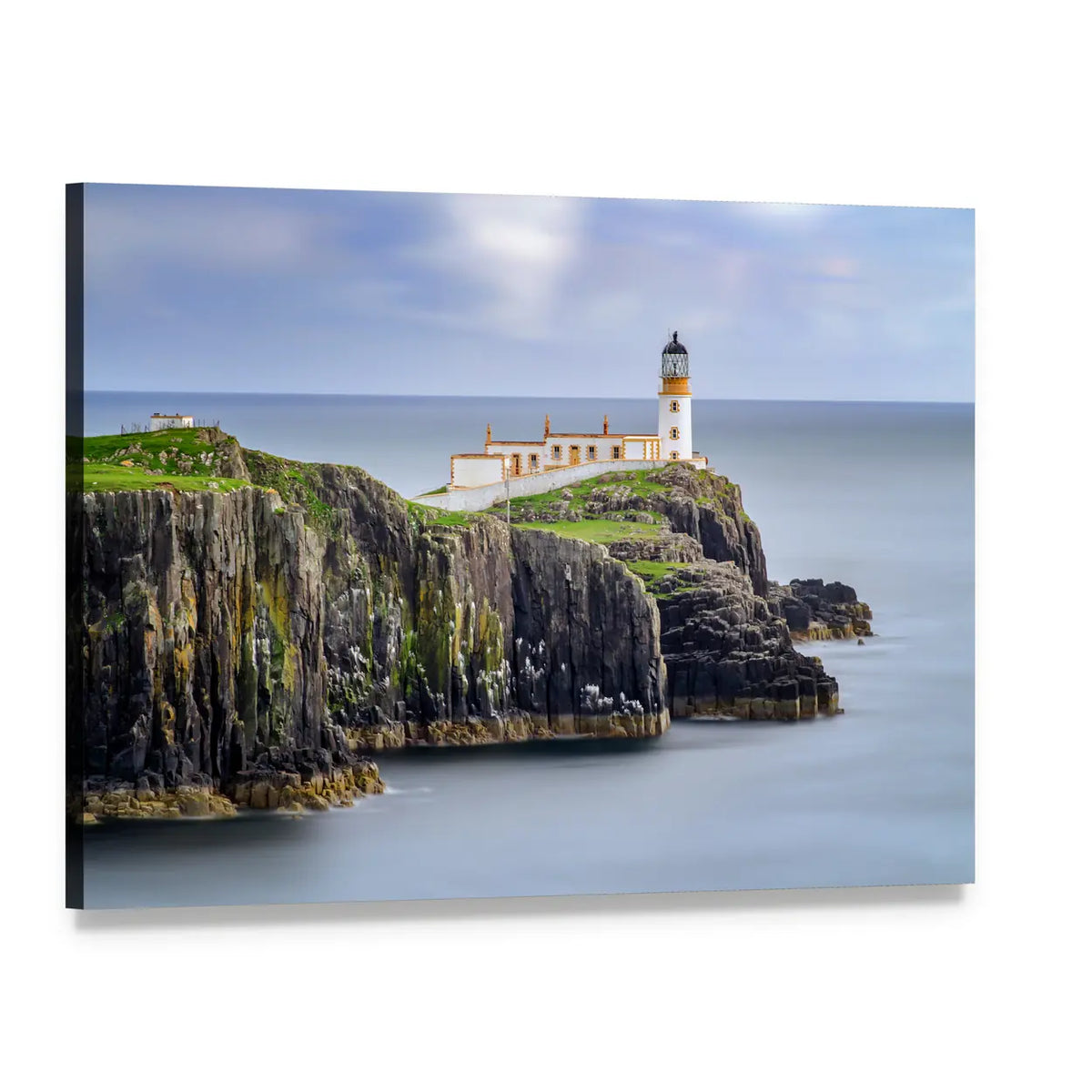 White Lighthouse on Sheer Cliffs Canvas Wall Art, single panel gallery wrapped canvas, angled product view