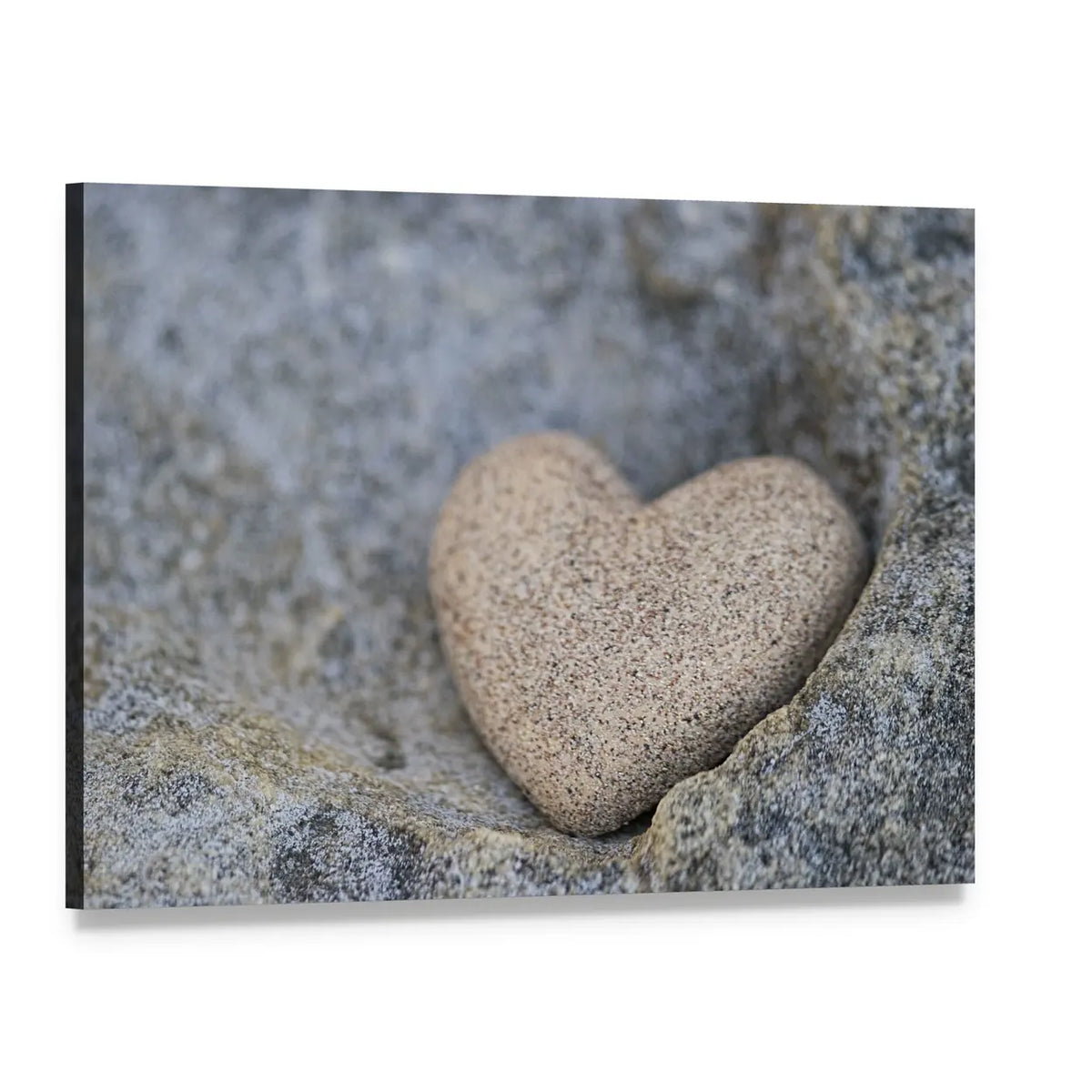 Heart-shaped Stone in Sand Canvas Wall Art, single panel gallery wrapped canvas, angled product view