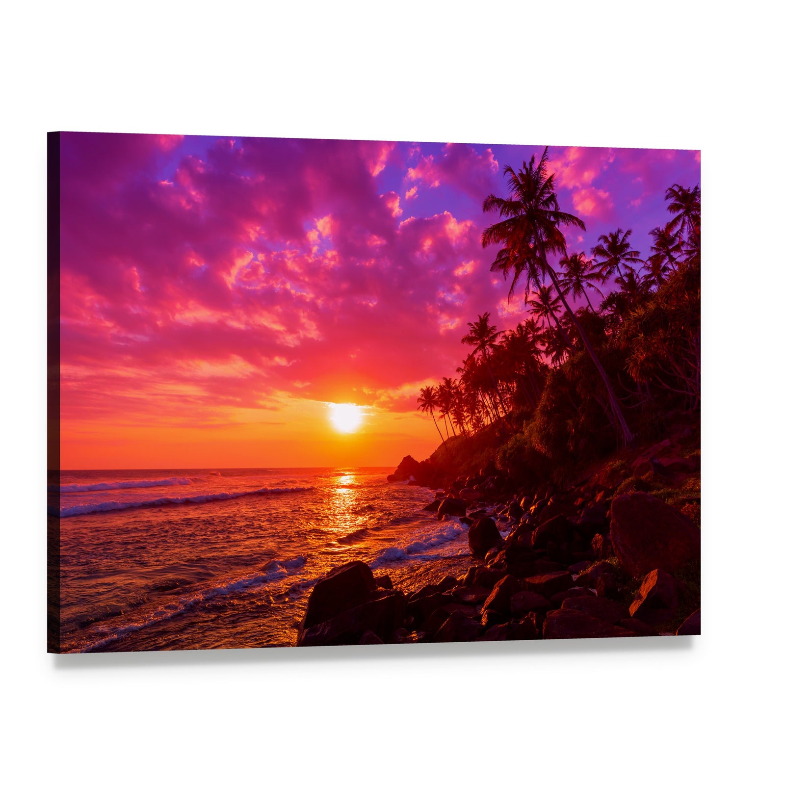 Tropical Sunset with Palm Trees Canvas Wall Art, single panel gallery wrapped canvas, angled product view