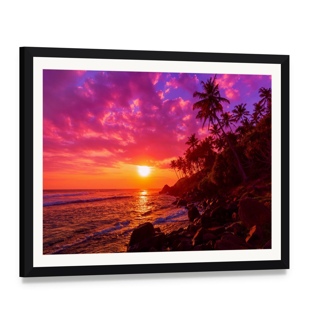 Tropical Sunset with Palm Trees Canvas Wall Art, framed print with white mat and black frame, angled product view