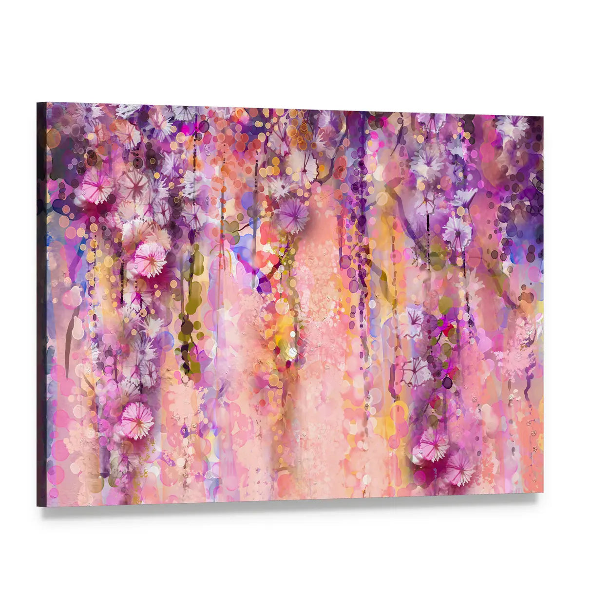 Wisteria Blossoms in Purple and Pink Canvas Wall Art, single panel gallery wrapped canvas, angled product view