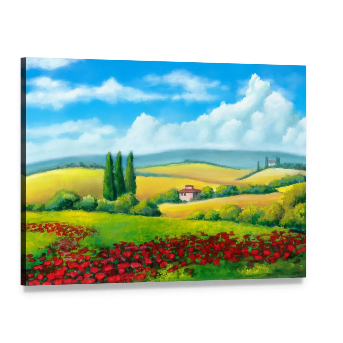 Tuscan Poppy Field with Cypress Trees Canvas Wall Art, single panel gallery wrapped canvas, angled product view