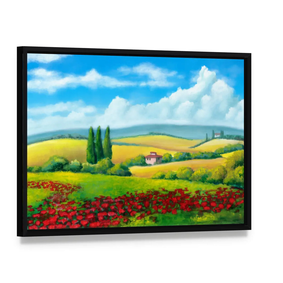 Tuscan Poppy Field with Cypress Trees Canvas Wall Art, framed canvas in a black floater frame, angled product view