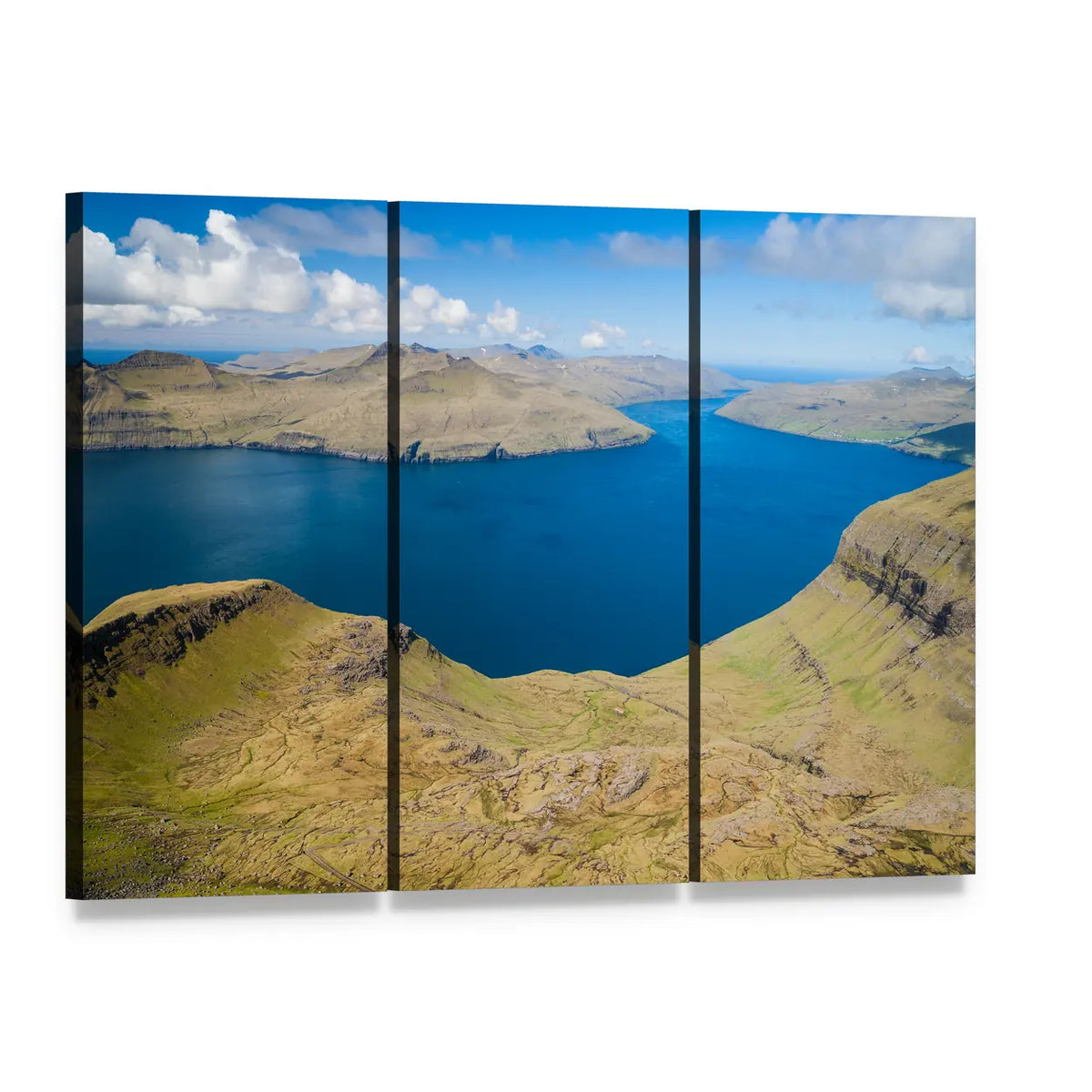 Faroe Islands Grassy Hills and Ocean Canvas Wall Art, 3 panel 3 Horizontal layout gallery wrapped canvas set, angled product view