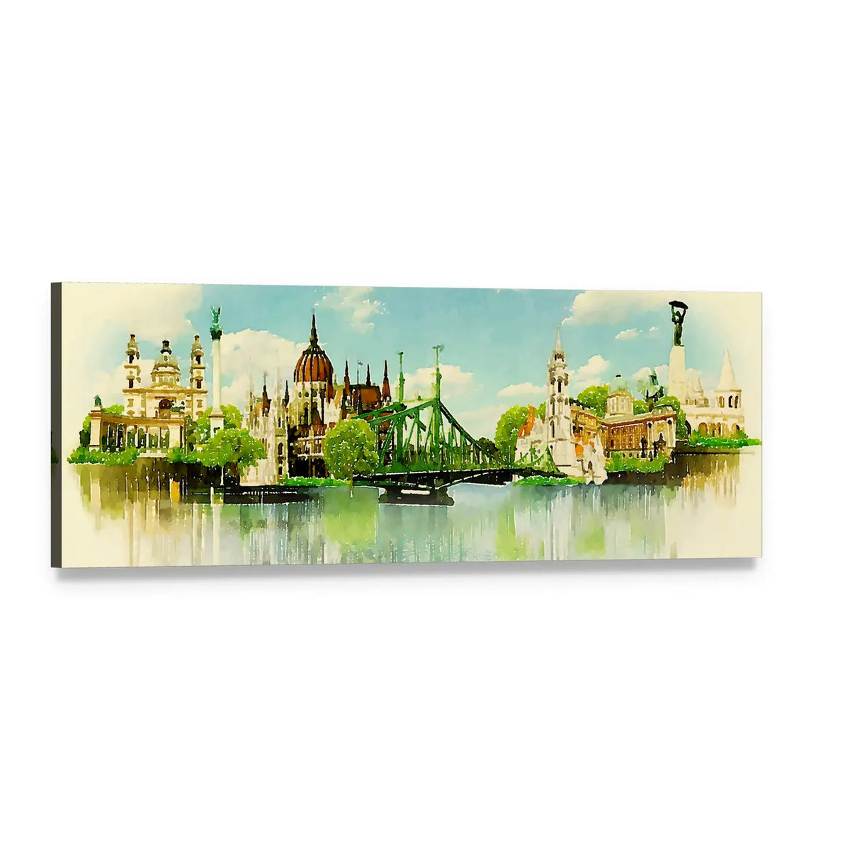 Budapest Skyline Watercolor Illustration Panoramic Canvas Wall Art, single panel gallery wrapped canvas, angled product view