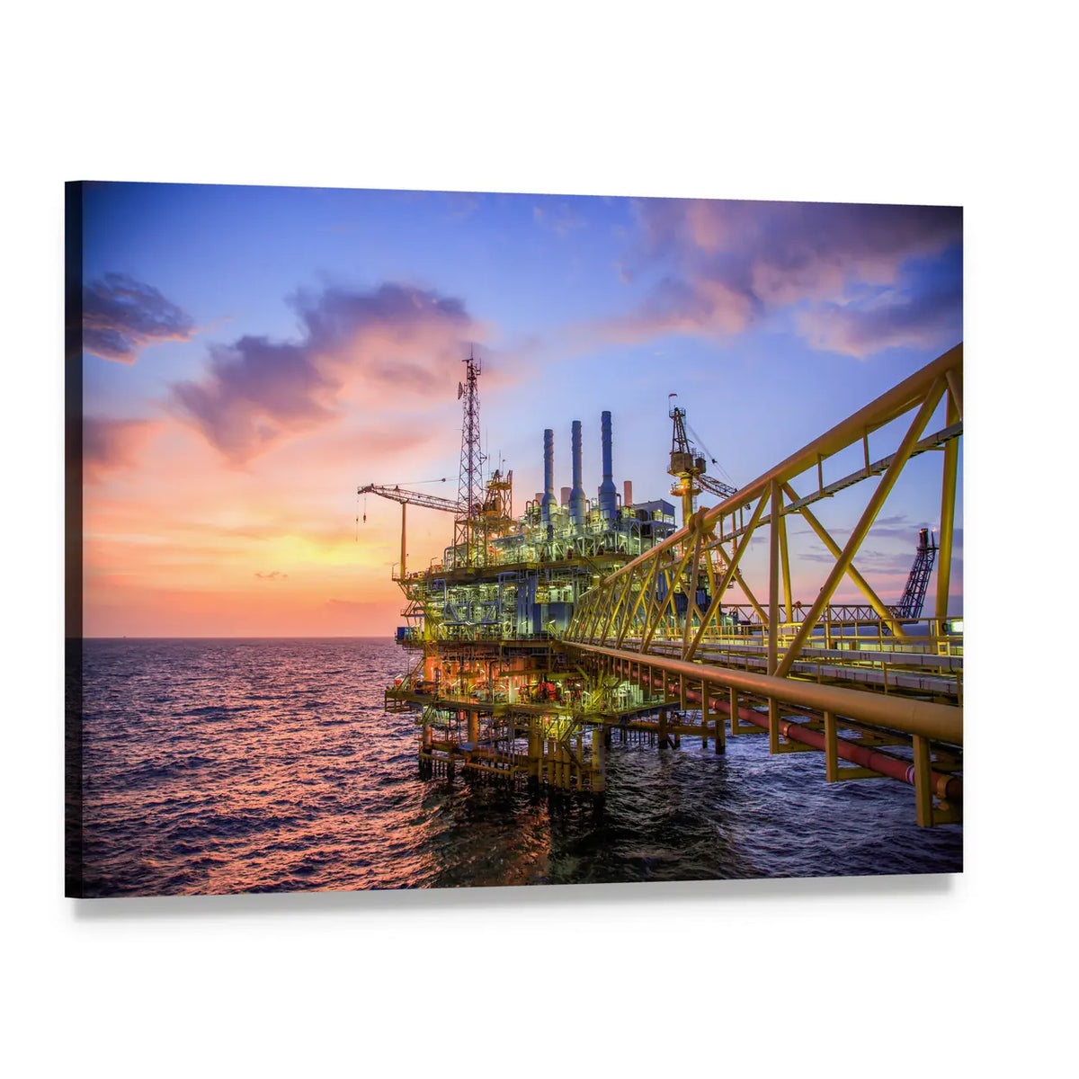 Offshore Oil Rig at Sunset Canvas Wall Art, single panel gallery wrapped canvas, angled product view