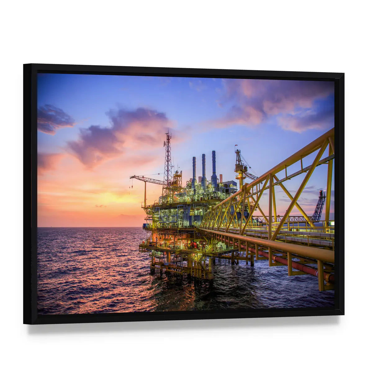 Offshore Oil Rig at Sunset Canvas Wall Art, framed canvas in a black floater frame, angled product view