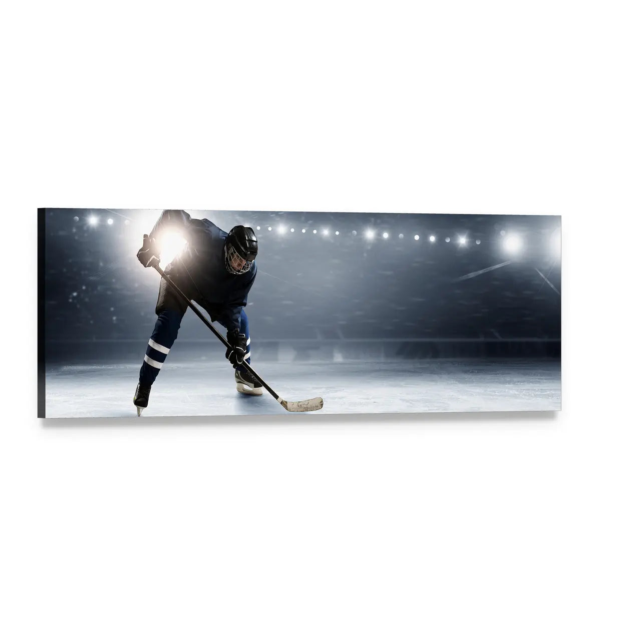Hockey Player at Ice Rink Panoramic Canvas Wall Art, single panel gallery wrapped canvas, angled product view