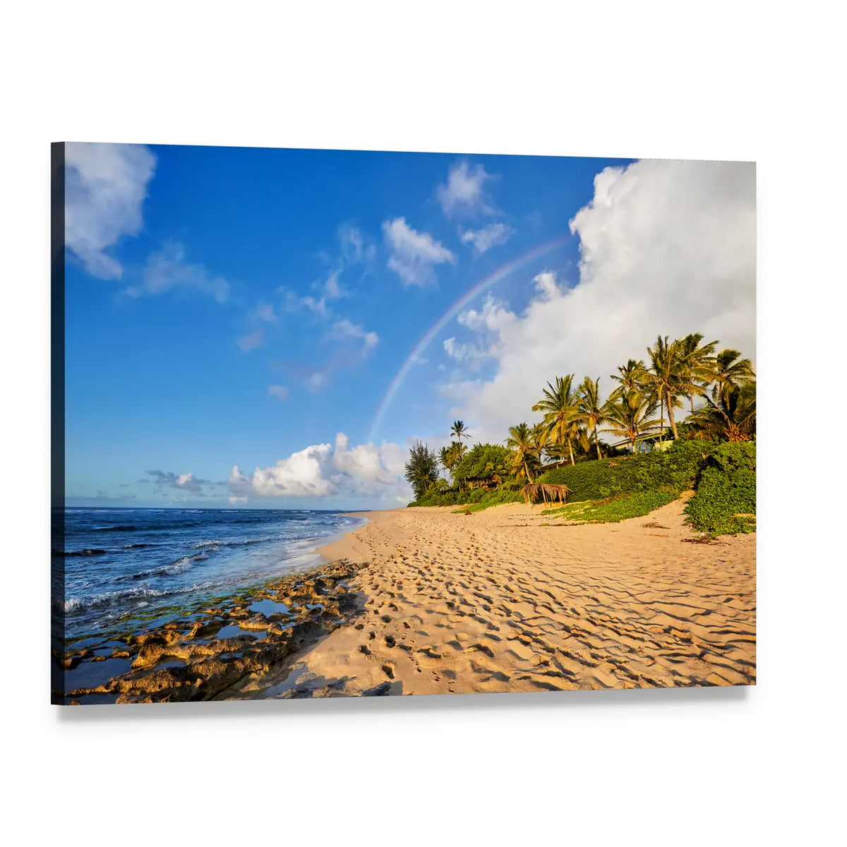 Rainbow Over Sunset Surf Beach Canvas Wall Art, single panel gallery wrapped canvas, angled product view