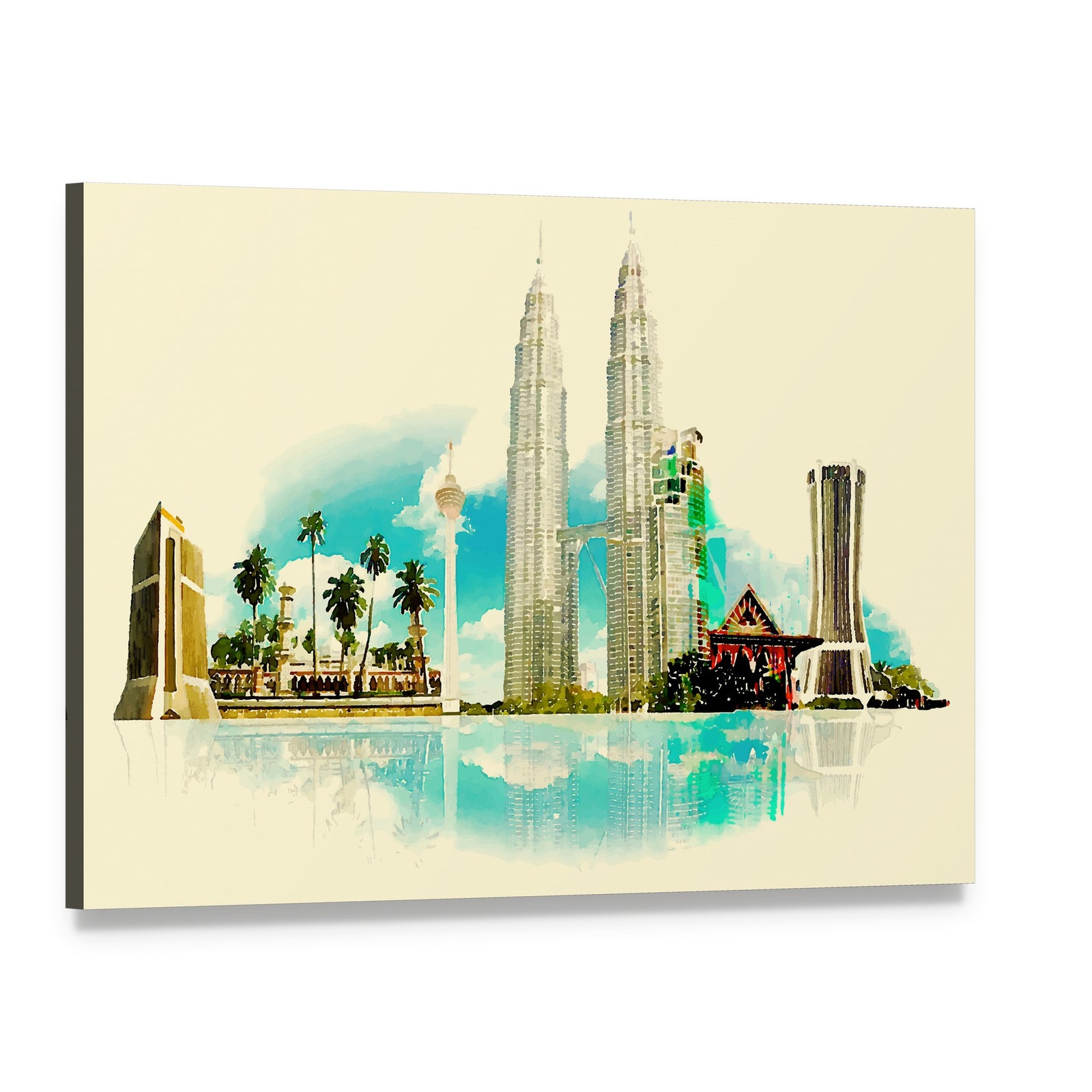 Kuala Lumpur Skyline Watercolor Illustration Canvas Wall Art, single panel gallery wrapped canvas, angled product view