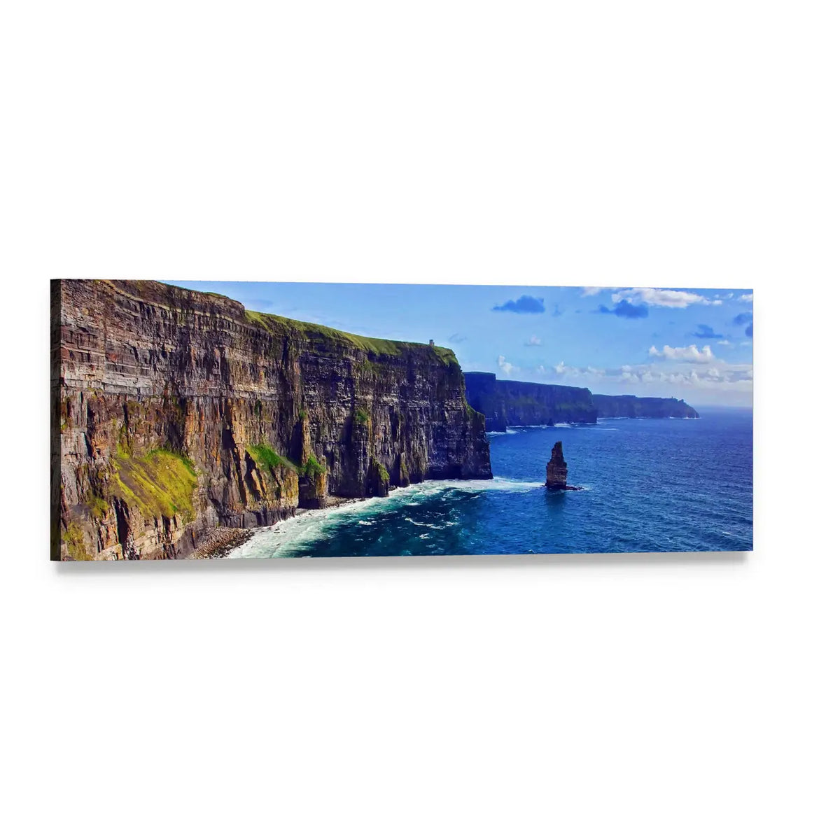 Sea Stack and Coastal Cliffs Panoramic Canvas Wall Art, single panel gallery wrapped canvas, angled product view