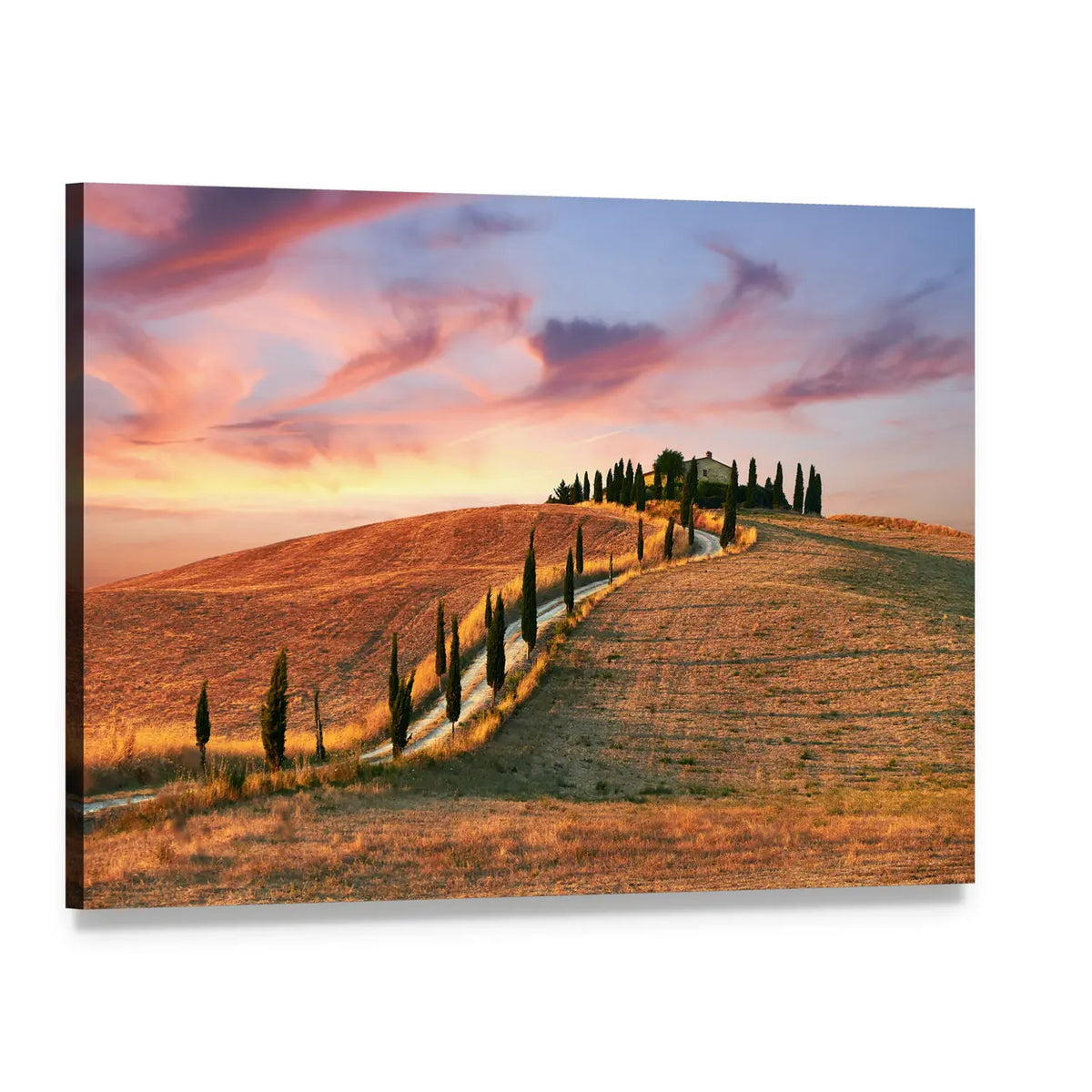 Hilltop Villa with Cypress Road at Sunset Canvas Wall Art, single panel gallery wrapped canvas, angled product view