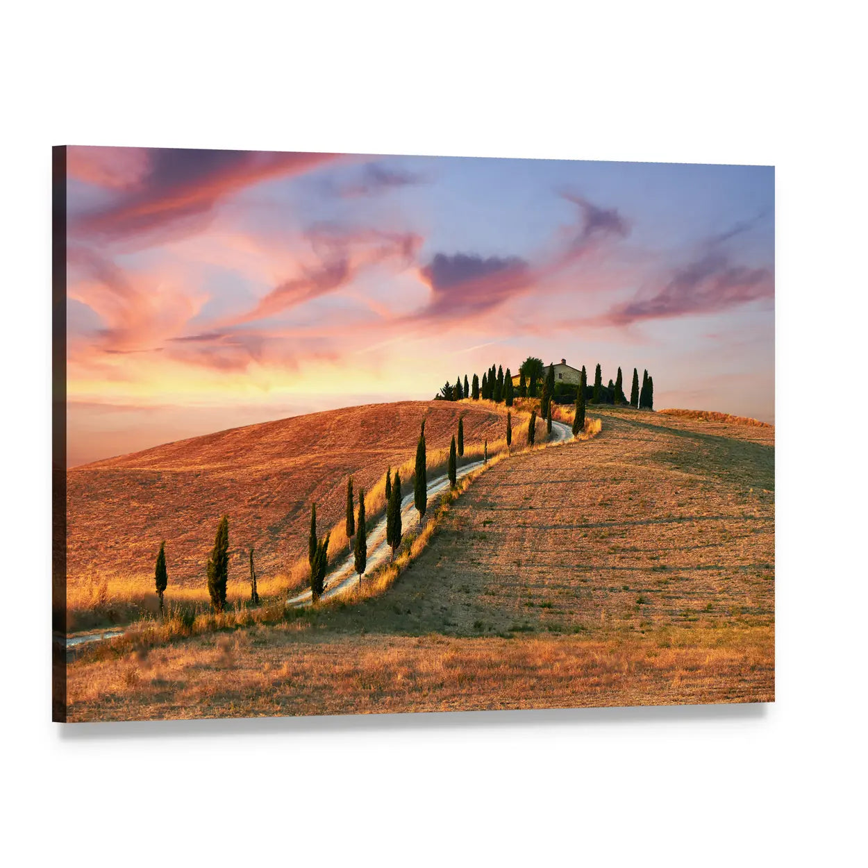 Hilltop Villa with Cypress Road at Sunset Canvas Wall Art, single panel gallery wrapped canvas, angled product view