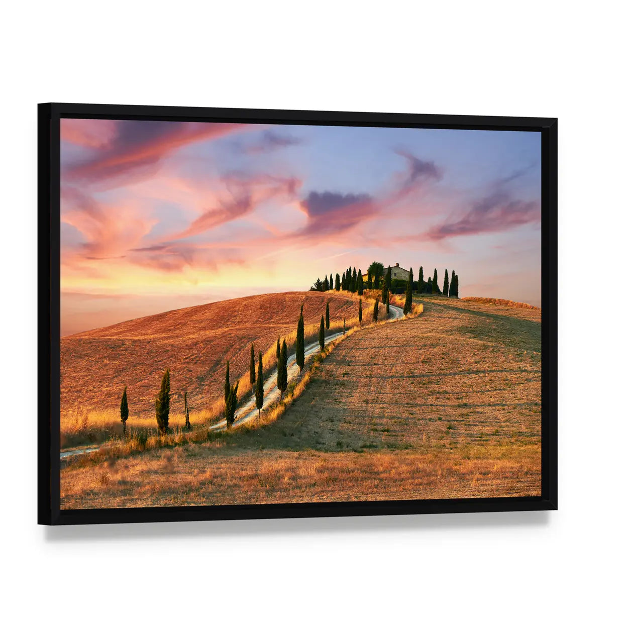 Hilltop Villa with Cypress Road at Sunset Canvas Wall Art, framed canvas in a black floater frame, angled product view