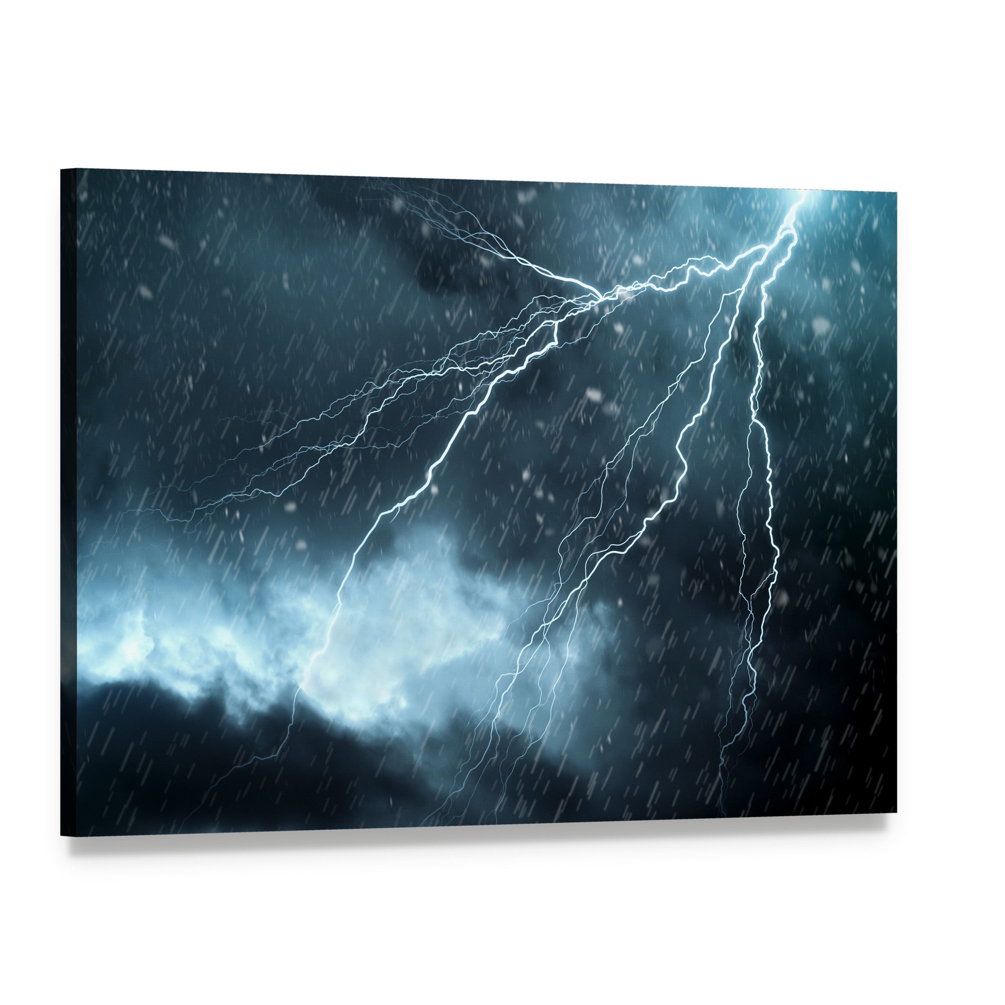 Dramatic Blue Lightning in Stormy Sky Canvas Wall Art, single panel gallery wrapped canvas, angled product view