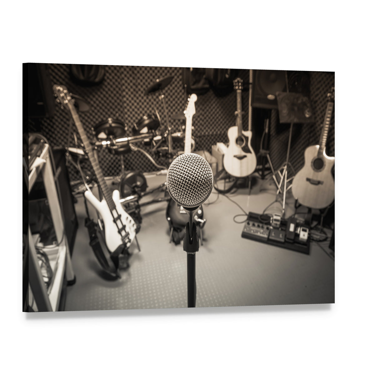 Vintage Studio Microphone with Guitars and Drums Canvas Wall Art, single panel gallery wrapped canvas, angled product view
