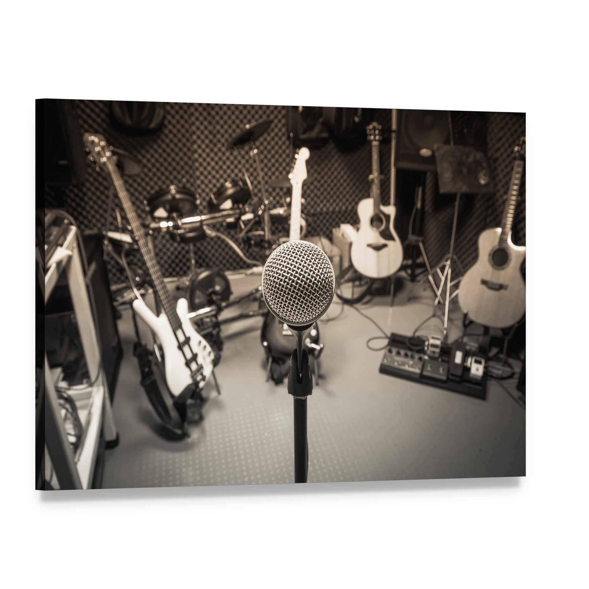 Vintage Studio Microphone with Guitars and Drums Canvas Wall Art, single panel gallery wrapped canvas, angled product view