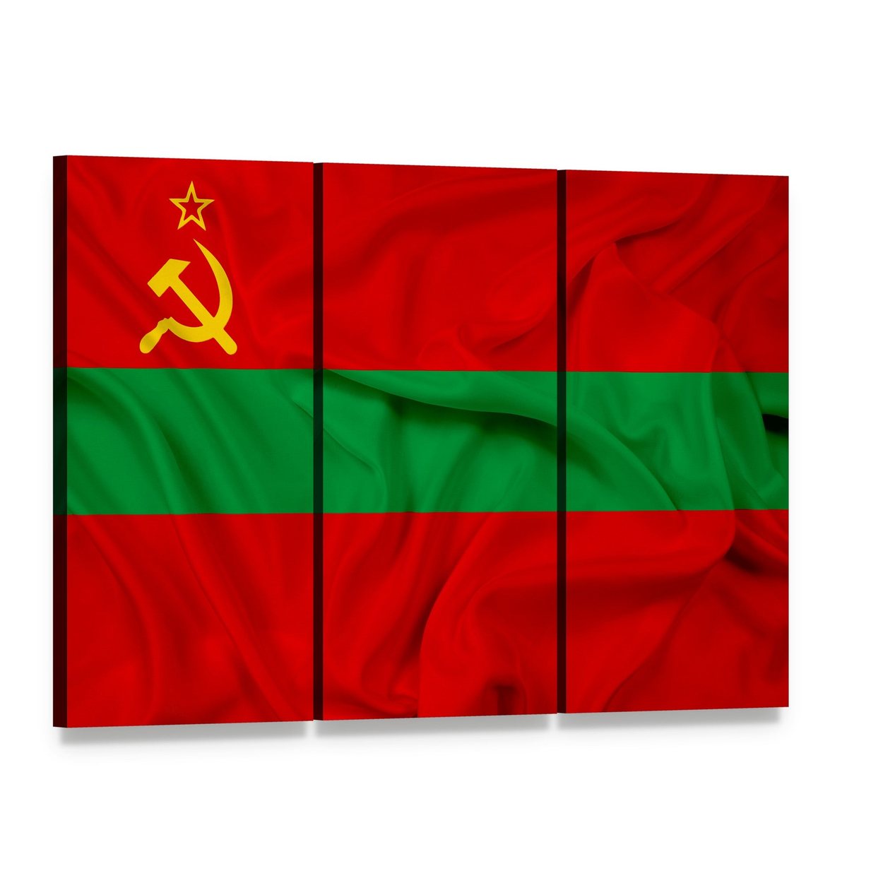 Waving Transnistria Flag Canvas Wall Art, 3 panel 3 Horizontal layout gallery wrapped canvas set, angled product view