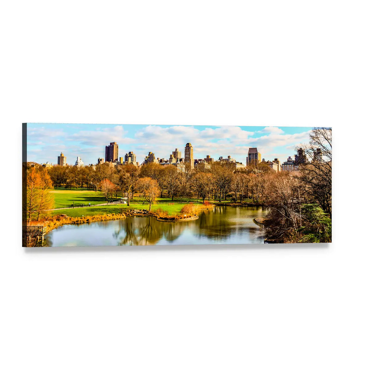 Central Park in Autumn Panoramic Canvas Wall Art, single panel gallery wrapped canvas, angled product view