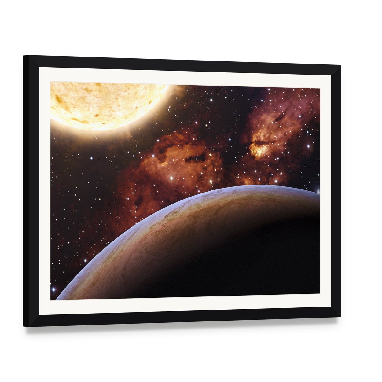 Fantasy Alien Exo Planet Canvas Wall Art, framed print with white mat and black frame, angled product view