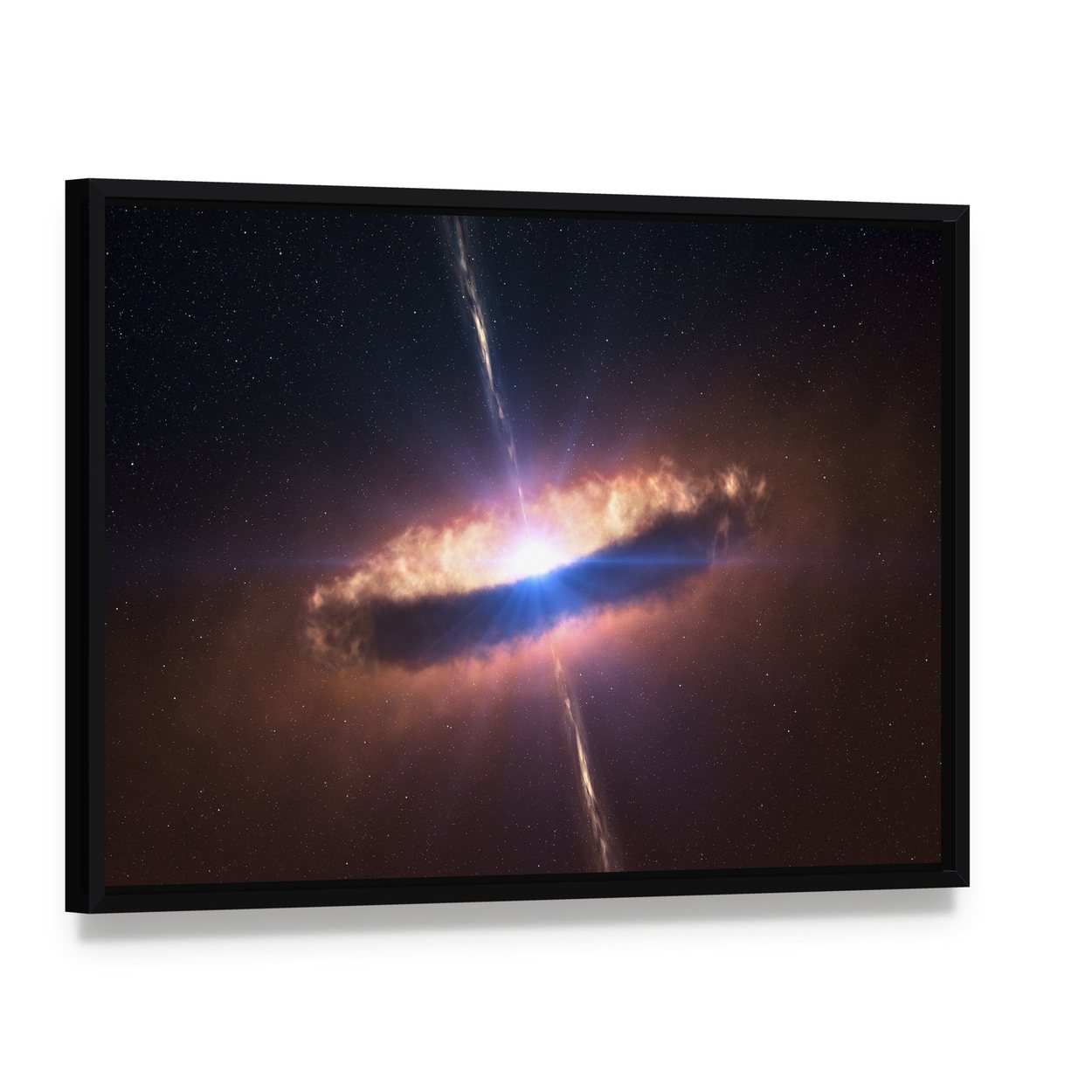 Galaxy System with Bright Blue Core Canvas Wall Art, framed canvas in a black floater frame, angled product view