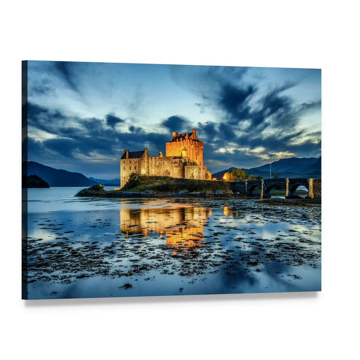 Eilean Donan Castle at Dusk Canvas Wall Art, single panel gallery wrapped canvas, angled product view