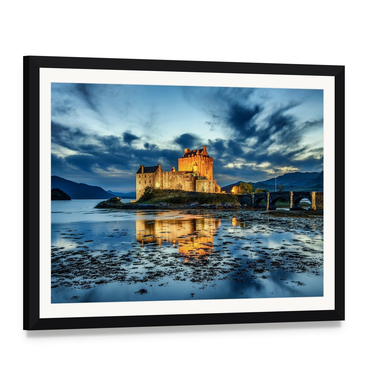 Eilean Donan Castle Sunset Reflection Canvas Wall Art, framed print with white mat and black frame, angled product view
