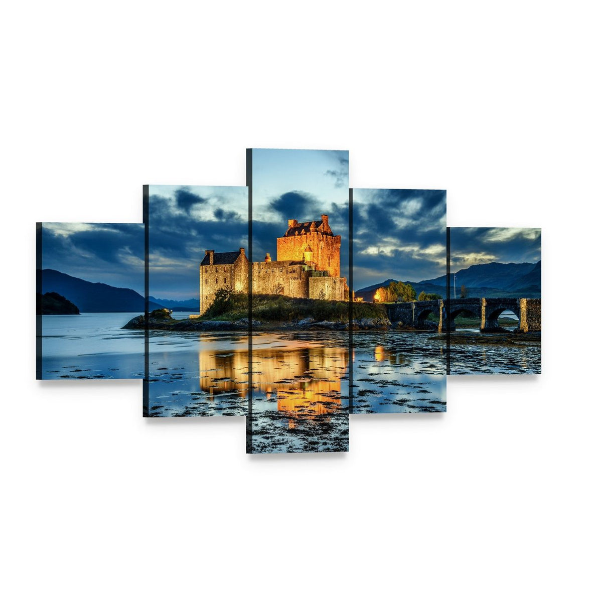 Eilean Donan Castle Sunset Reflection Canvas Wall Art, 5 panel 5 Star layout gallery wrapped canvas set, angled product view
