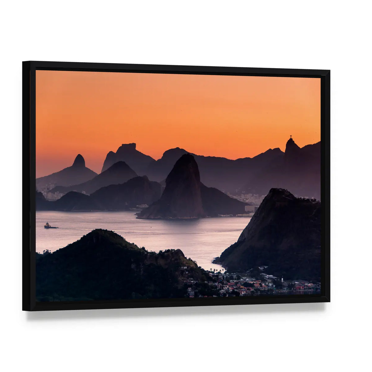 Scenic Rio de Janeiro Mountain Canvas Wall Art, framed canvas in a black floater frame, angled product view
