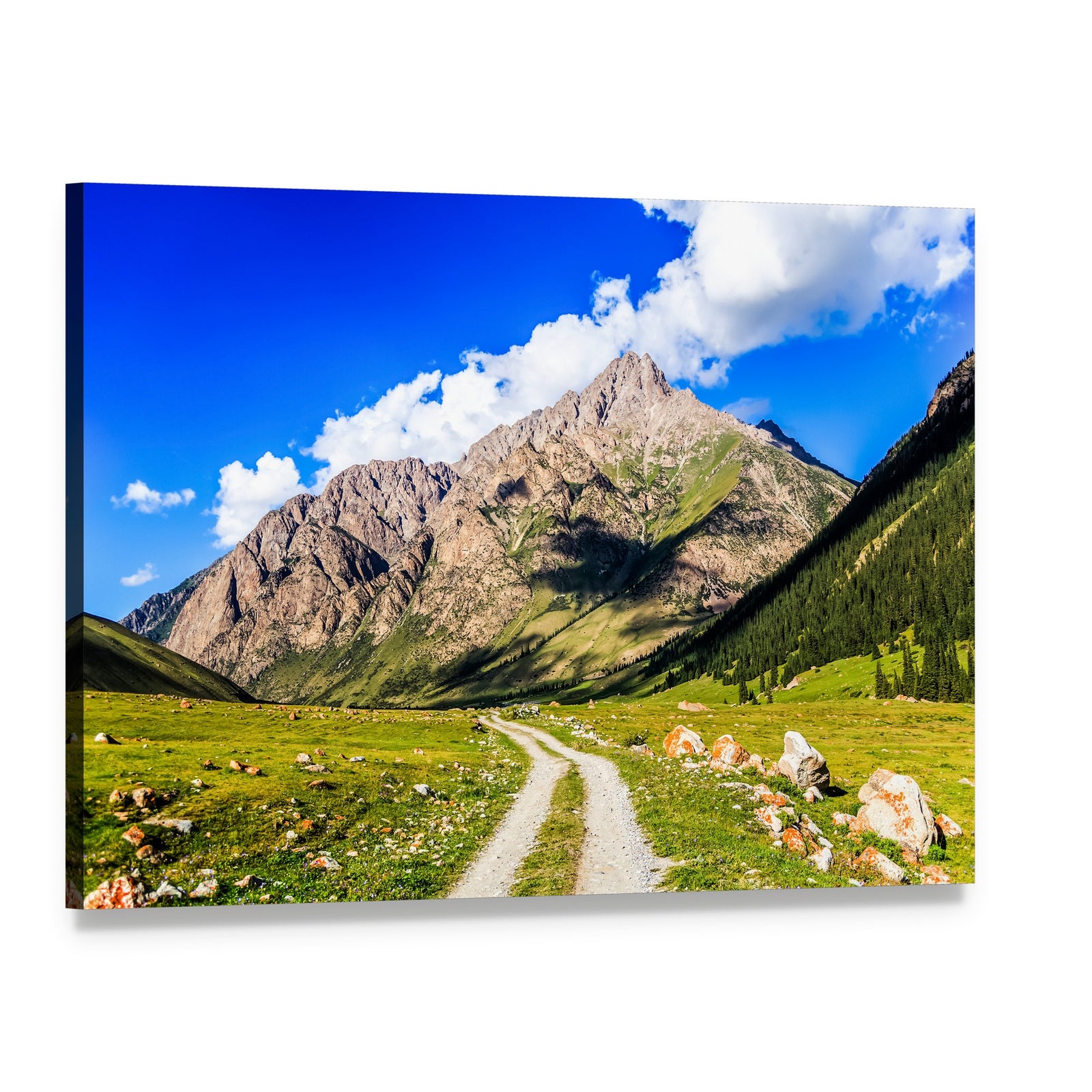 Mountain Road Landscape Canvas Wall Art, single panel gallery wrapped canvas, angled product view