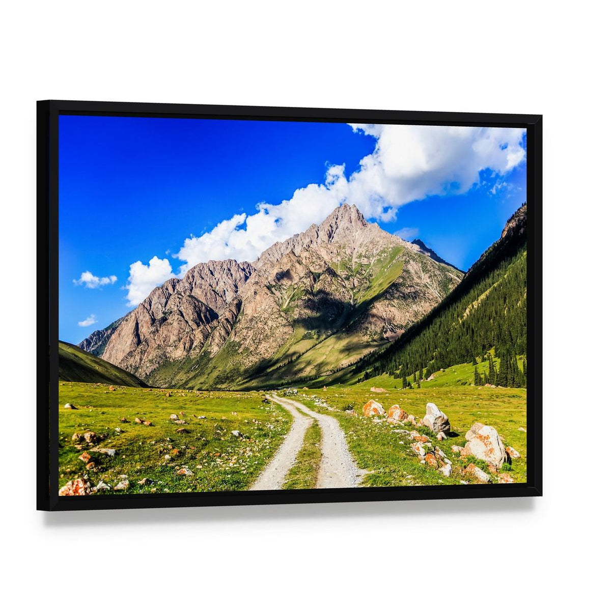 Mountain Road Landscape Canvas Wall Art, framed canvas in a black floater frame, angled product view