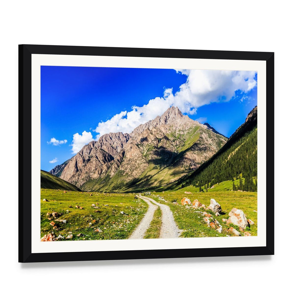 Mountain Road Landscape Canvas Wall Art, framed print with white mat and black frame, angled product view