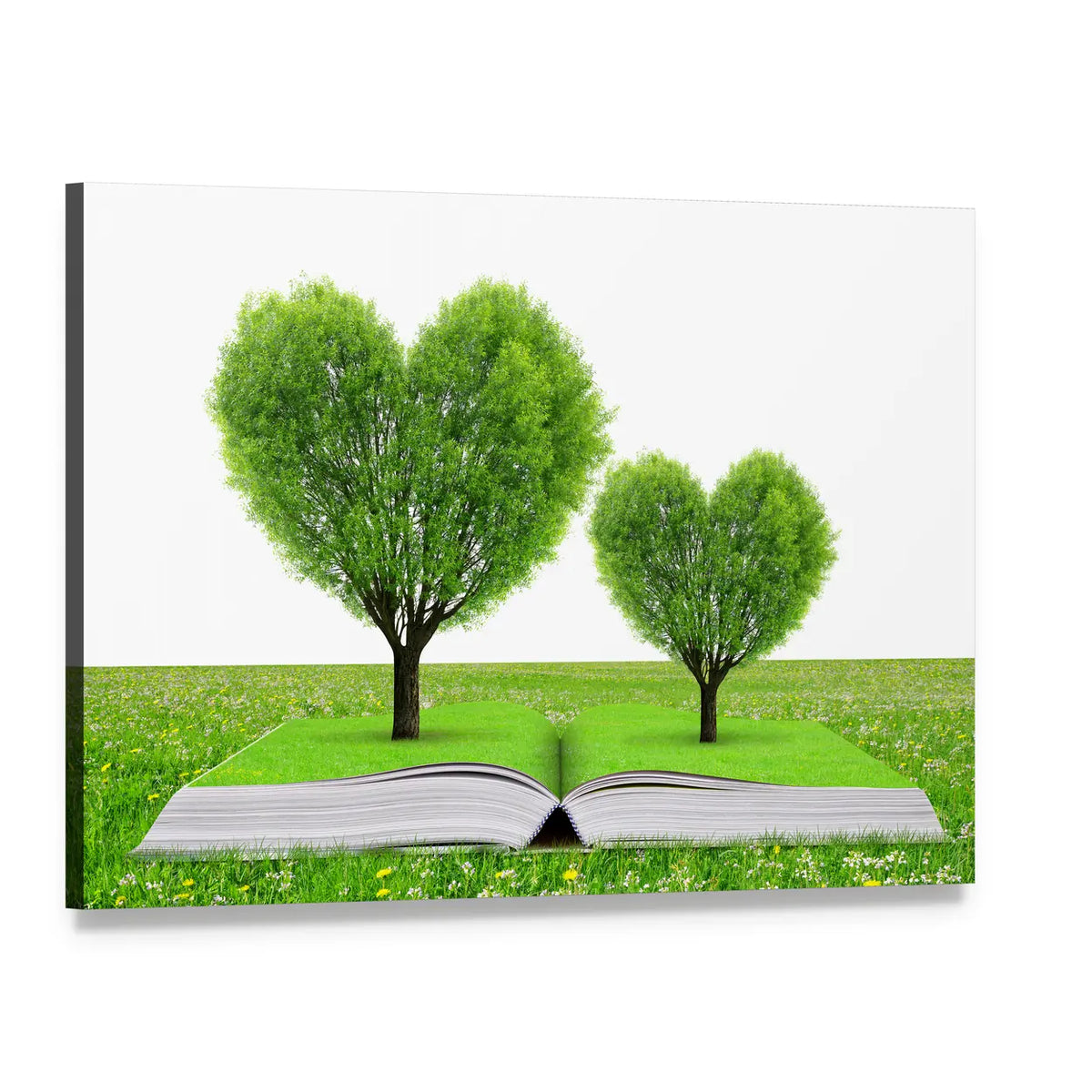 Open Book with Heart-shaped Trees Canvas Wall Art, single panel gallery wrapped canvas, angled product view