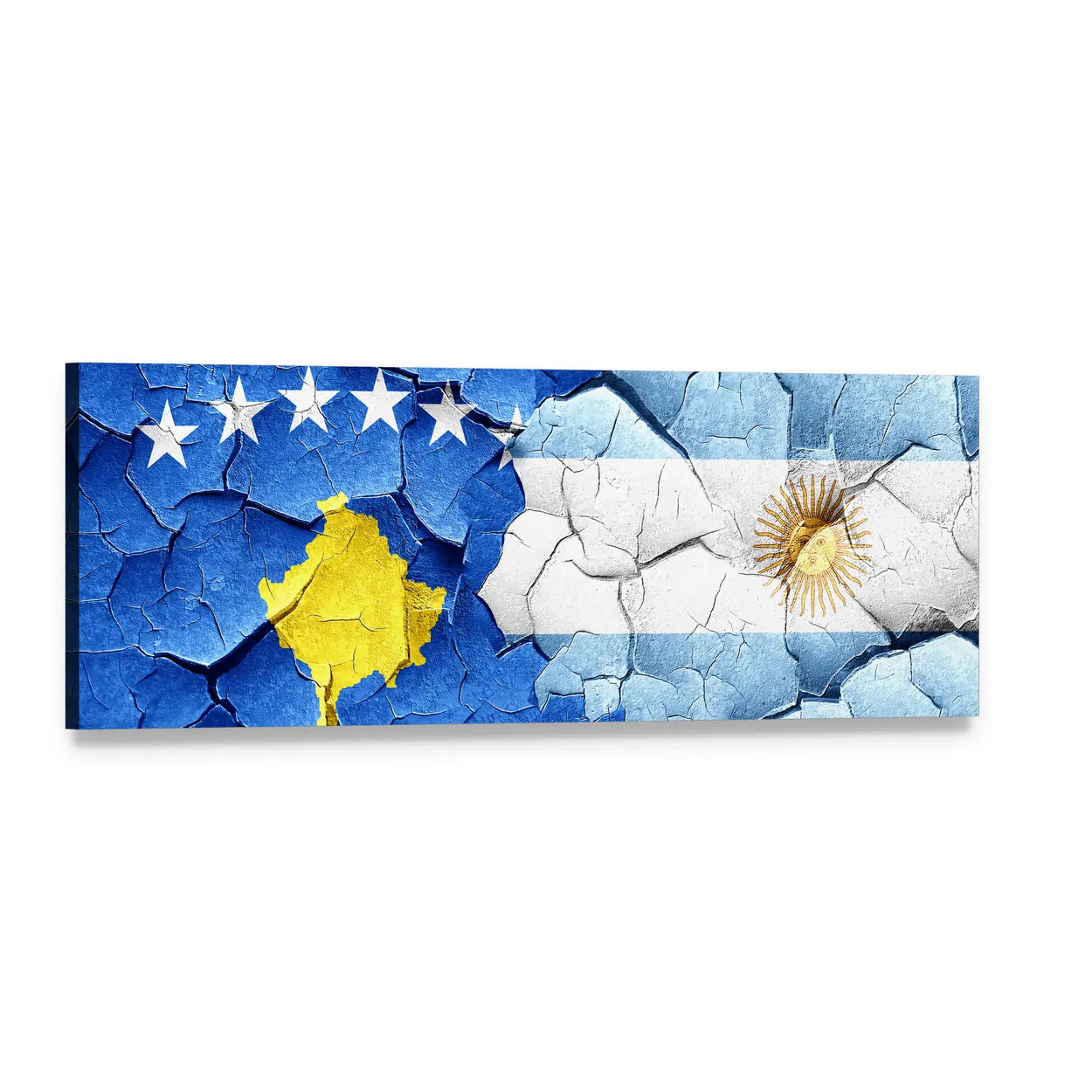 Weathered Kosovo and Argentina Flags Panoramic Canvas Wall Art, single panel gallery wrapped canvas, angled product view