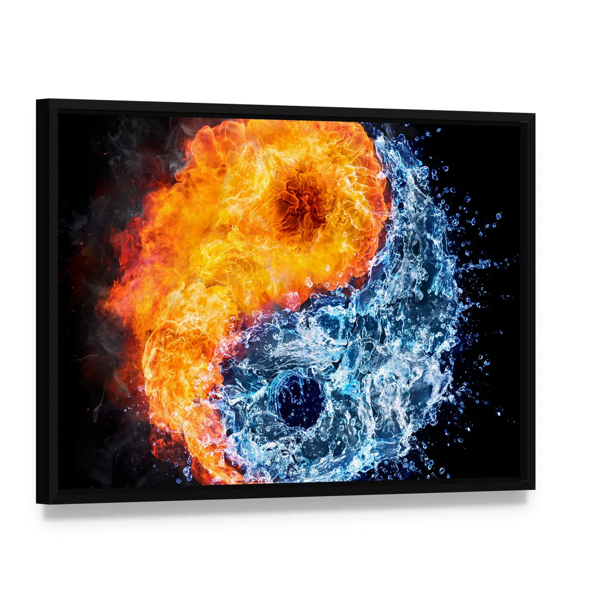 Fire and Water Tao Symbol Canvas Wall Art, framed canvas in a black floater frame, angled product view