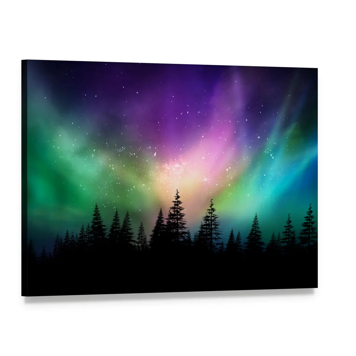 Aurora Borealis Over Pine Forest Canvas Wall Art, single panel gallery wrapped canvas, angled product view