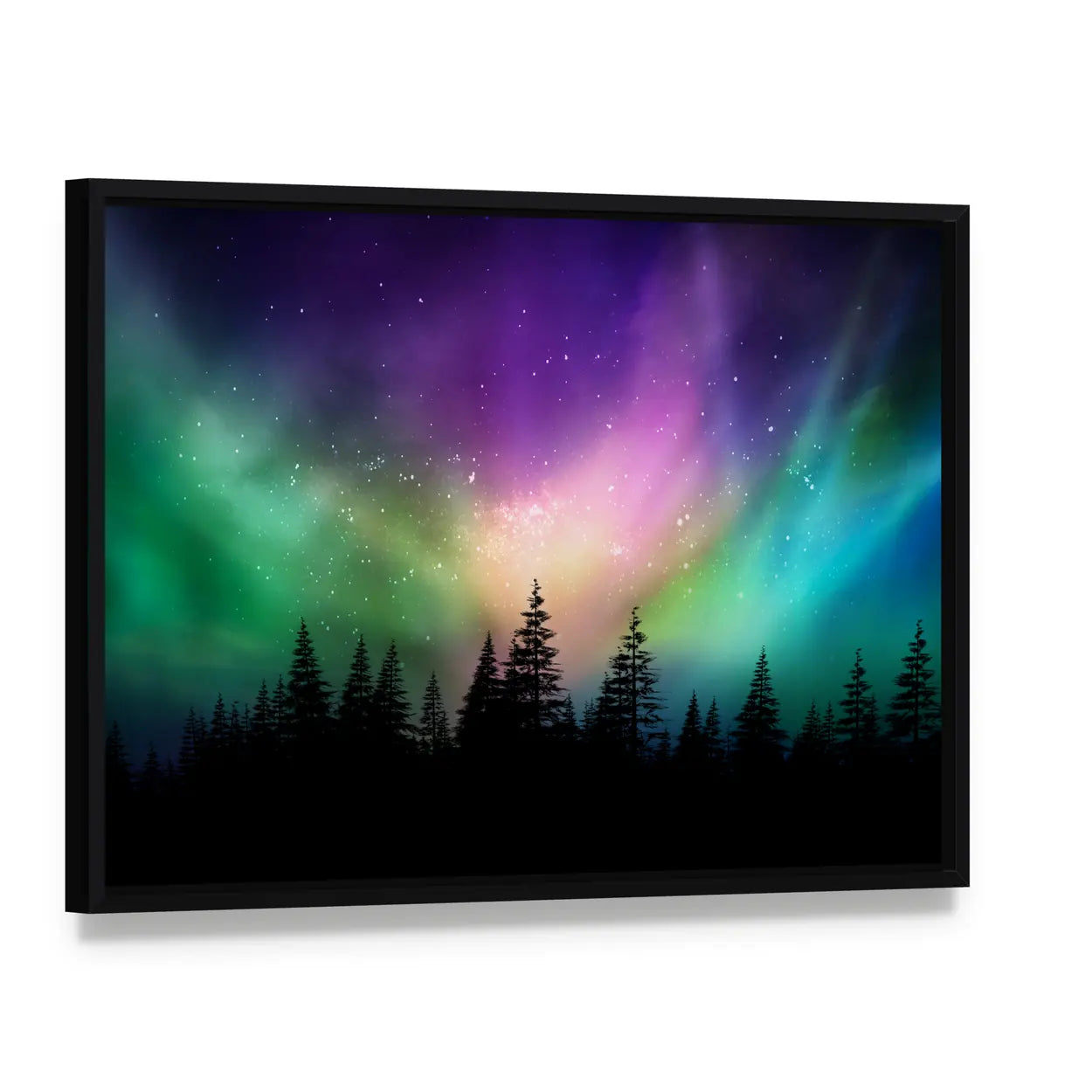 Aurora Borealis Over Pine Forest Canvas Wall Art, framed canvas in a black floater frame, angled product view