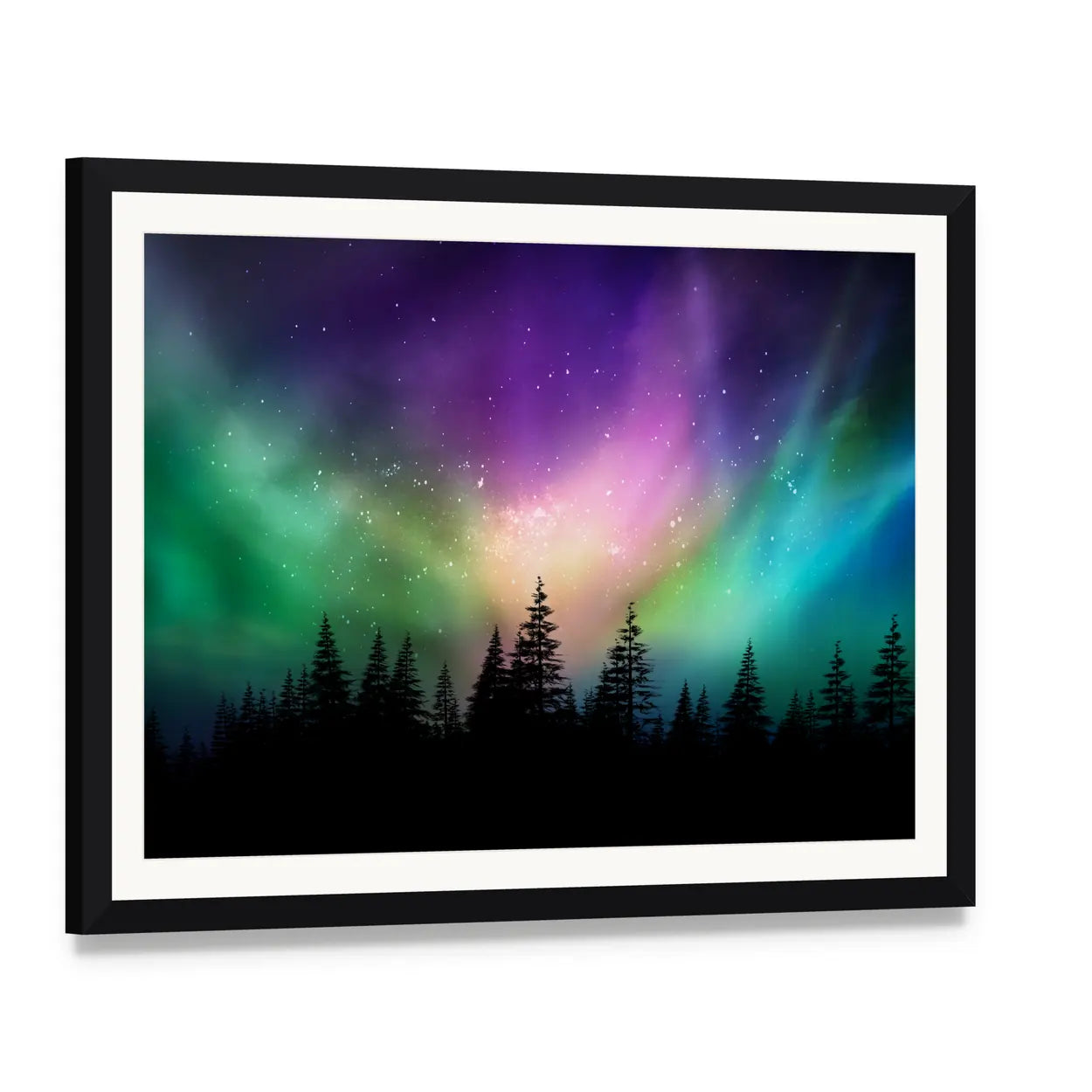 Aurora Borealis Over Pine Forest Canvas Wall Art, framed print with white mat and black frame, angled product view