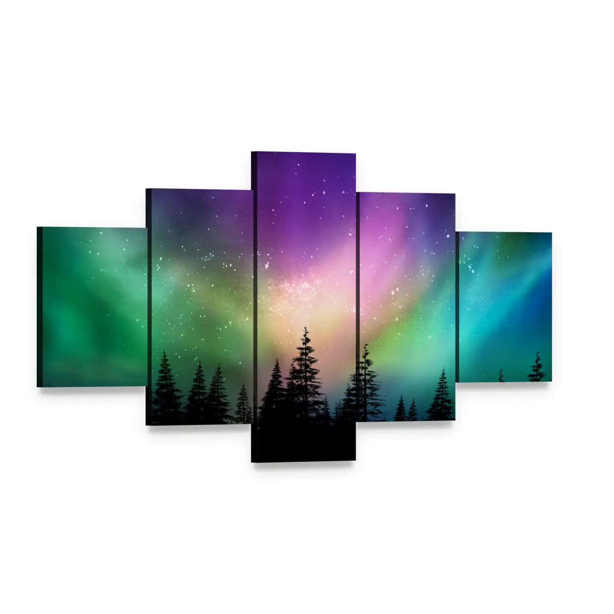 Aurora Borealis Over Pine Forest Canvas Wall Art, 5 panel 5 Star layout gallery wrapped canvas set, angled product view